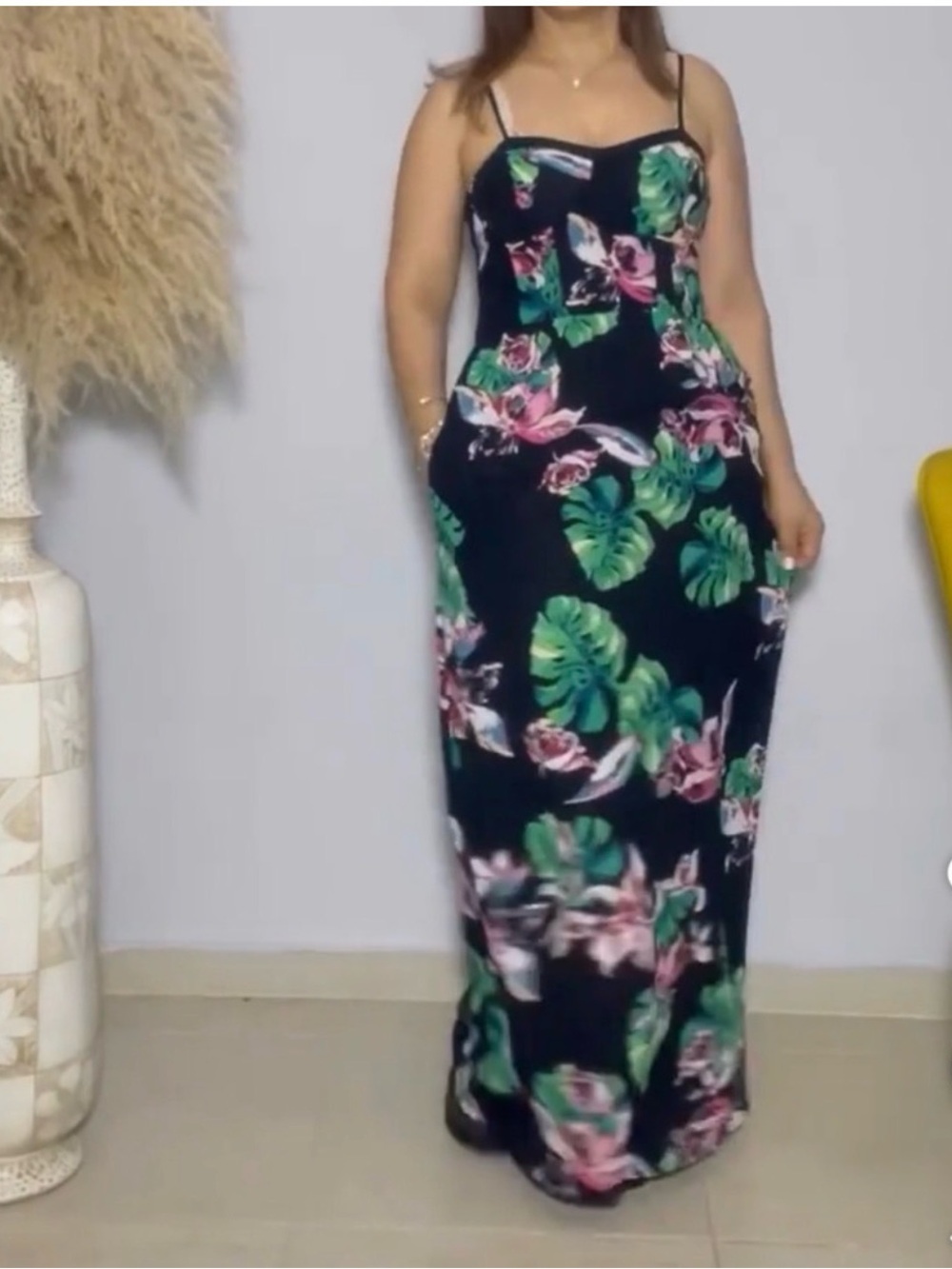 Xhilaration Black Maxi Dress with Green Leaf and Pink Floral Print